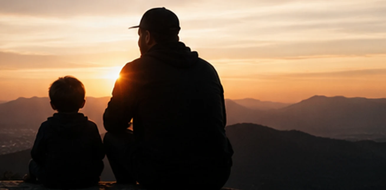 A father and child sitting together, looking toward a sunset over the mountains